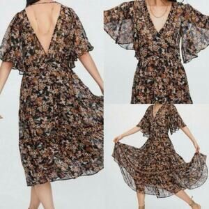 Zara Dress Boho Floral Chiffon Midi Ruffle Flutter Sleeves Size Small